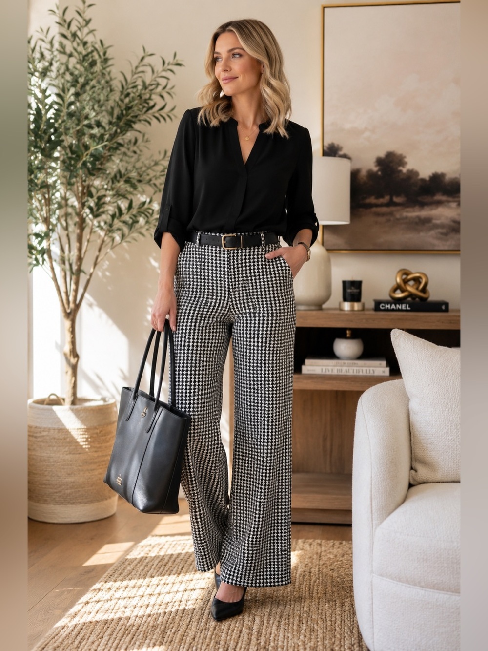 CAbi Houndstooth Ponte Knit Wide Leg Trouser Pants Size 10 Stretch Career Work